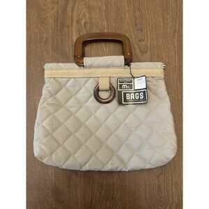 Mark Baren For Mr Bags Beige Quilted Wood Top Handle Purse Boho Vintage 1970s